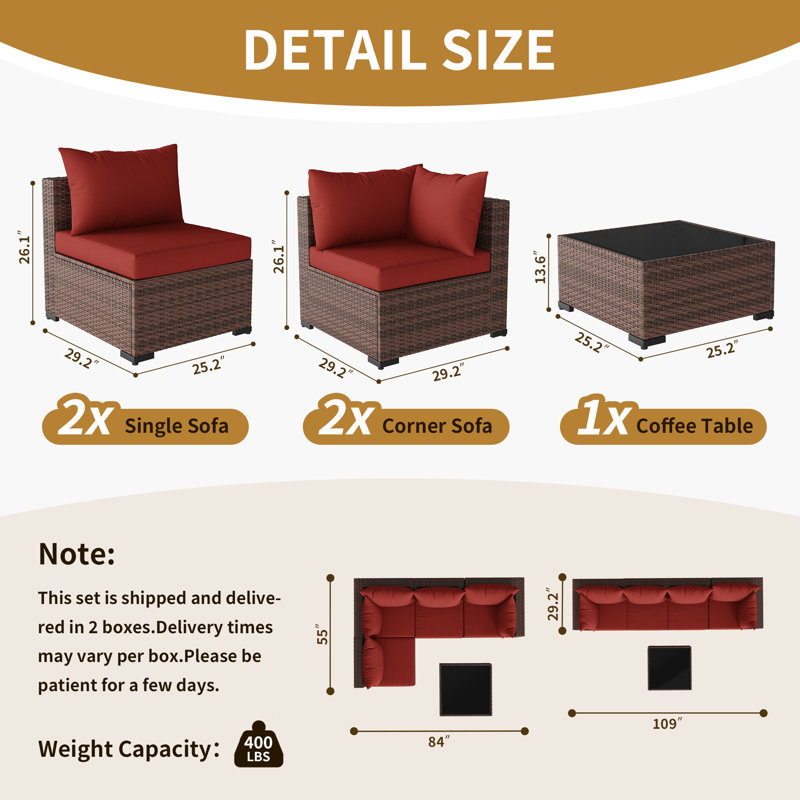 5 Piece Patio Conversation Set With Coffee Table And Cushions, Red