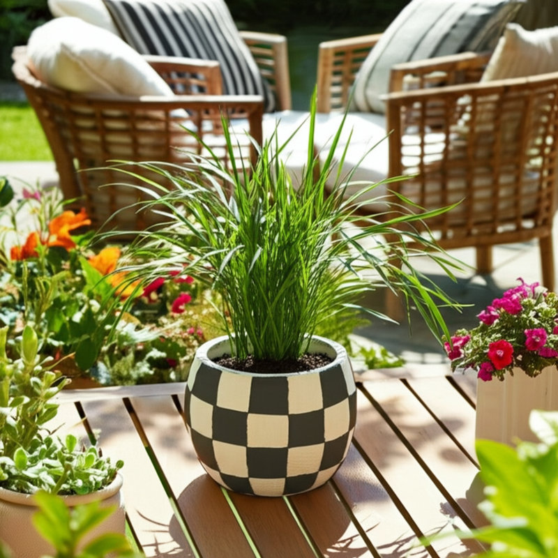 Planter Pottery Cement with Handcrafted Textured Checkered Design and Rounded Silhouette Featuring Durable Construction and Distinctive Visual Pattern for Decorative Display Spaces