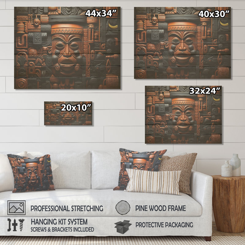 Motif de motifs kuba africain brun et noir - Masque africain sur bois, H 24 po x l 32 po