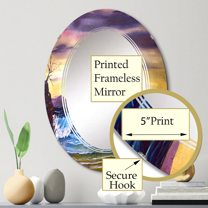 Eau, mer, ciel, coucher de soleil, beauté dans les vagues de la nature - miroir mural nautique et côtier ovale, 30 po x 20 po