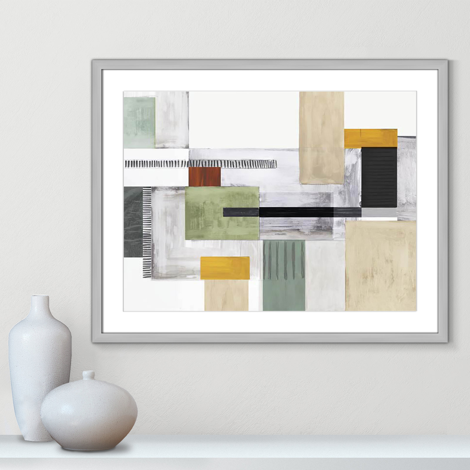 Playful Blocks Print by Tom Reeves, 23.5" H x 29.5" W x 1.25" D, Silver Box Picture Framed, White