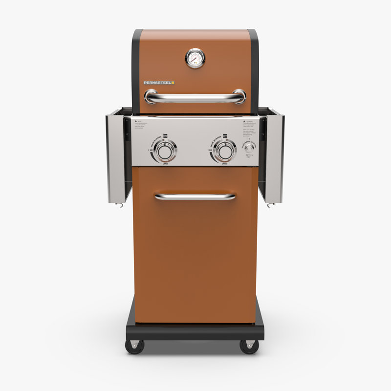 Permasteel 2-Burner Compact Propane Gas Grill with Foldable Side Tables and Grilling Tool Hooks, Copper