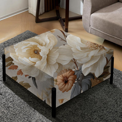 Beige Soft Neutrals Peonies Elegance III - Floral Large Square Ottoman