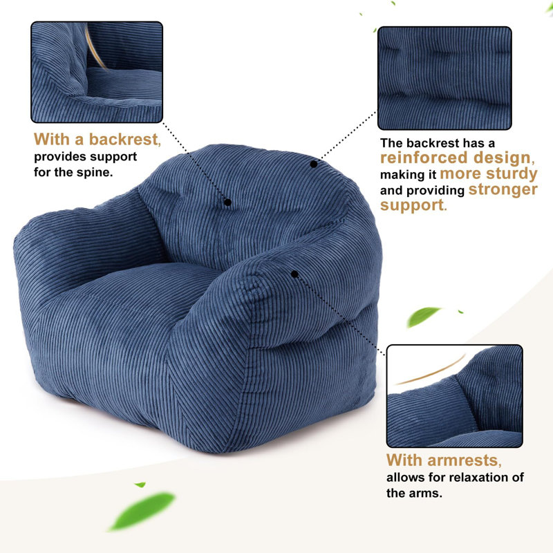 Fauteuil à billes pour adulte, canapé à billes avec repose-pieds et accoudoirs, Velours côtelé bleu