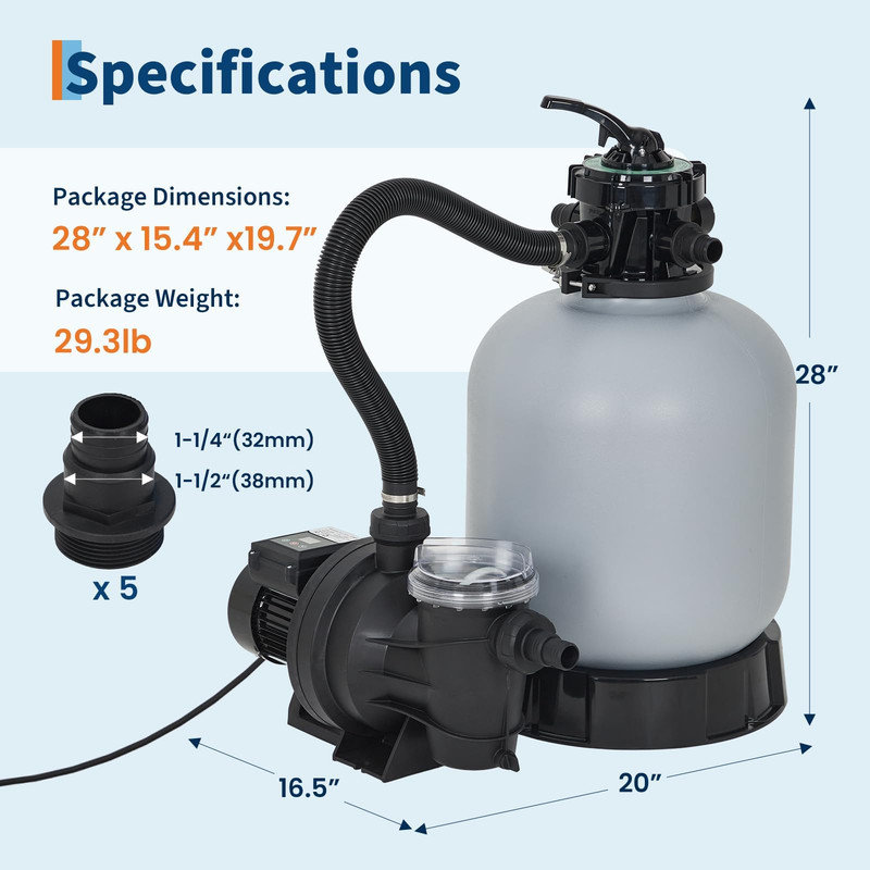 Pompe à filtre à sable pour piscine hors terre - 1/3 HP, 3,435 GPH, valve à 7 positions, capacité de sable de 88 lb