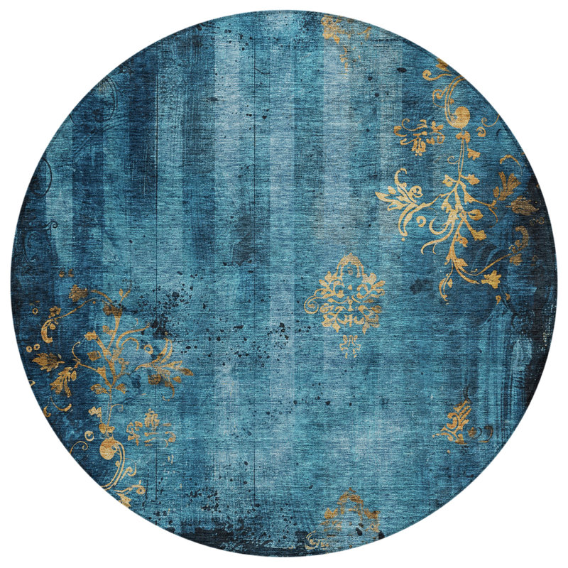 Machine Washable Indoor/Outdoor Xhevrie Blue Rug, Round 8'