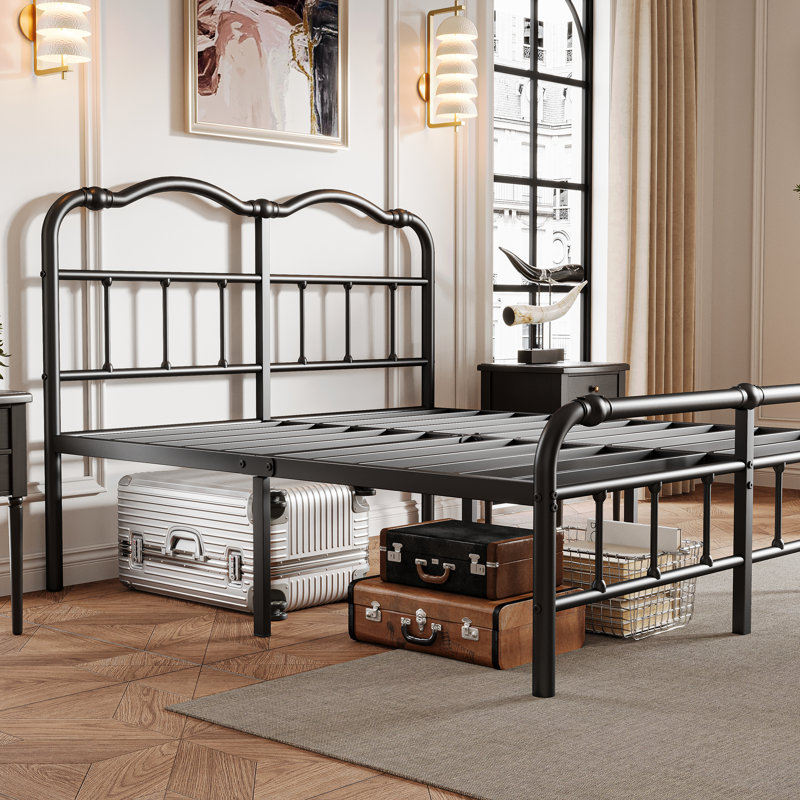 Queen Black Metal Platform Bed Frame with Headboard and Slats