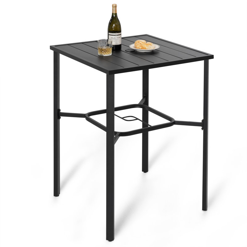 Table de bar d'extérieur carrée 28 po avec plateau à lattes et trou pour parasol 1,7 po