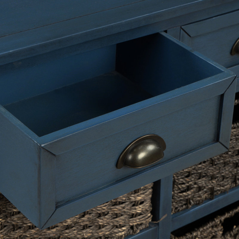 Rustic Storage Cabinet with Two Drawers and Four Classic Rattan Basket Accent Cabinet, Antique Navy