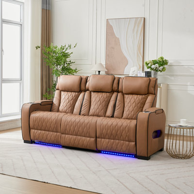 Canapé inclinable en similicuir avec porte-gobelets, lumières à DEL et coutures en losange