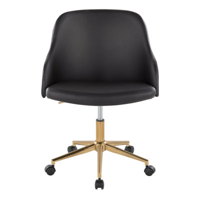 Chaise de bureau en métal doré, bois de noyer et similicuir noir