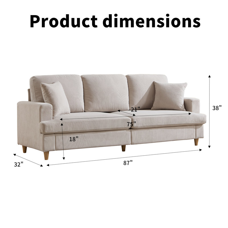 87'' Wide Upholstered Corduroy Sofa, Modern 3-Seater Couch with Recessed Arm (Set of 2), Green