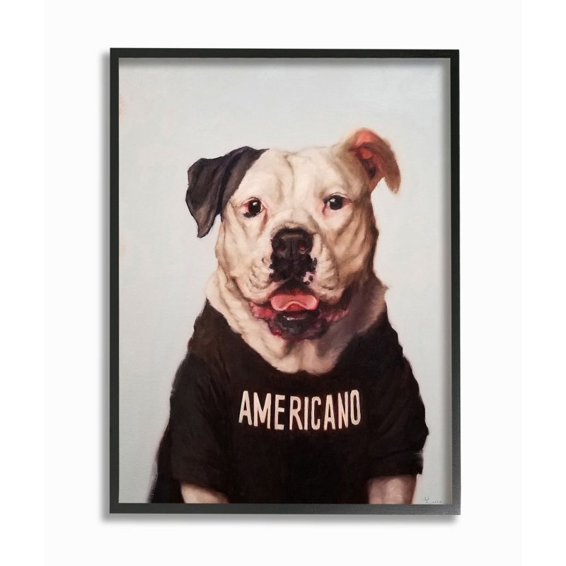 «American Bulldog in Americano» par Lucia Heffernan, H 20 po x l 16 po x 1,5 po, Giclée encadrée noir minuit