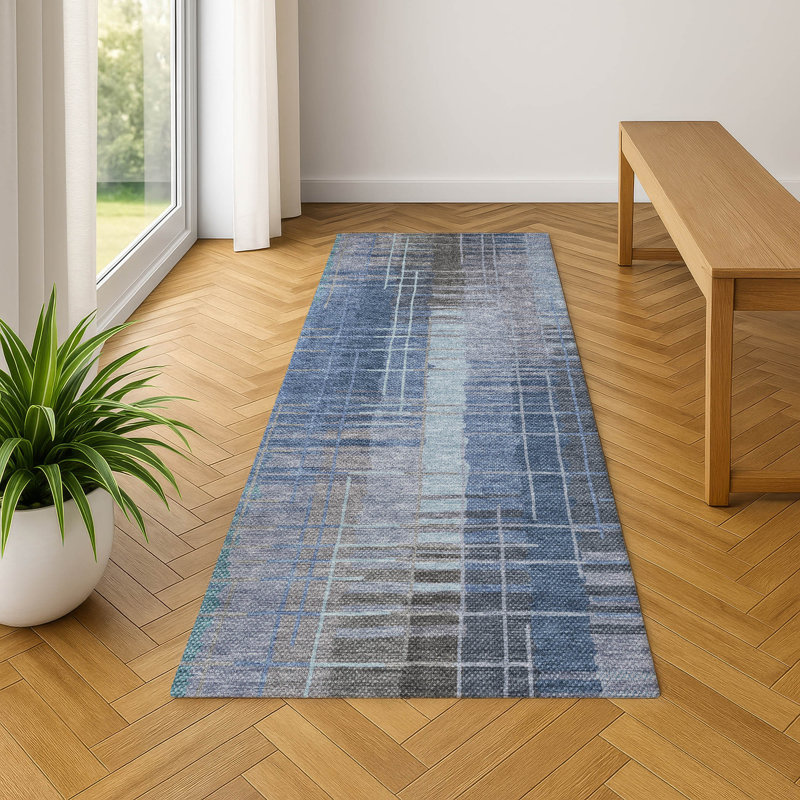 Premium Machine Washable Mayfield AMF2261 Striped Rug, Denim, 2'3" x 7'6" Runner