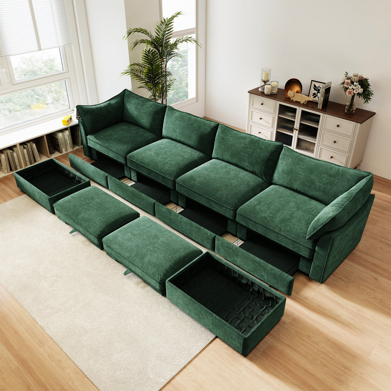En forme de U à 4 places avec siège profond et 2 repose-pieds, fonction de rangement modulaire modulaire, chenille, forme de croissant, coussins enroulés autour des accoudoirs, passepoil sur les bords, combinaisons de couleurs multiples