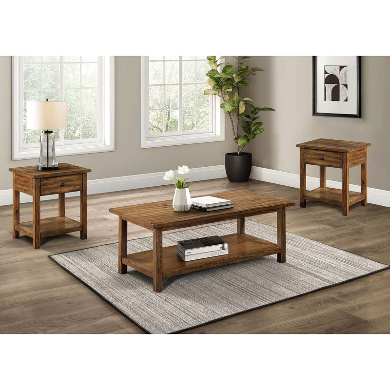 Table basse et de bout brun 3 pièces, forme rectangulaire, bois de pin, finition vieillie, rangement de tiroir, idéal pour un espace de vie principal avec décoration de livres