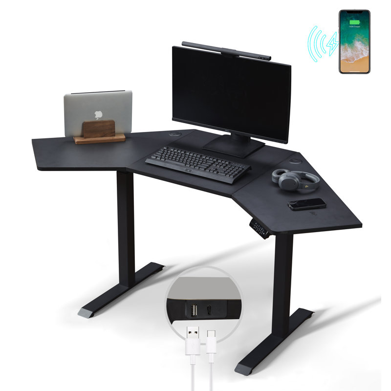 Balwan Height Adjustable Corner Standing Desk with Wireless & USB Chargers, Black, Black