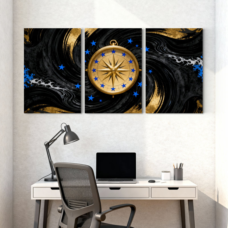 Boussole dorée, étoiles bleues, tourbillons noirs, ensemble de 3 impressions sur toile, H 30 po x l 60 po