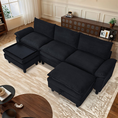 Modular Sectional Sofa, Corduroy U-Shape Sectional Couch With 2 Movable Ottoman For Living Room