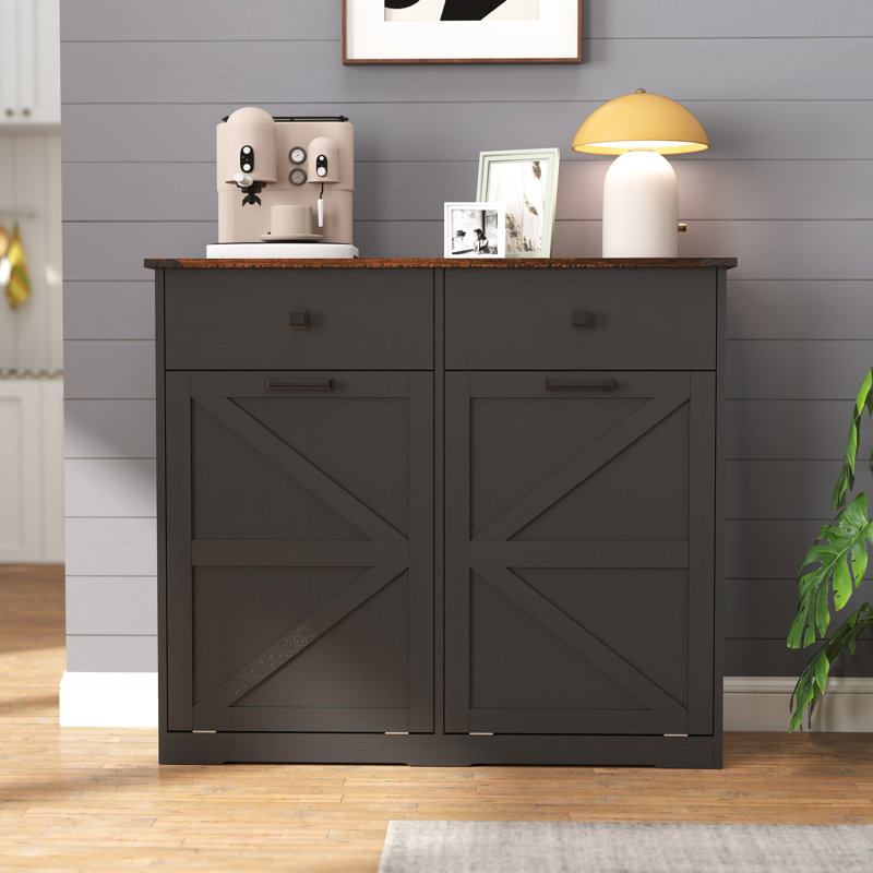 Armoire poubelle noire pour la cuisine et la lessive, peut contenir 20 gallons, espace facile à nettoyer caché avec porte de grange, convient aux charnières 2 x 10 propres et lisses