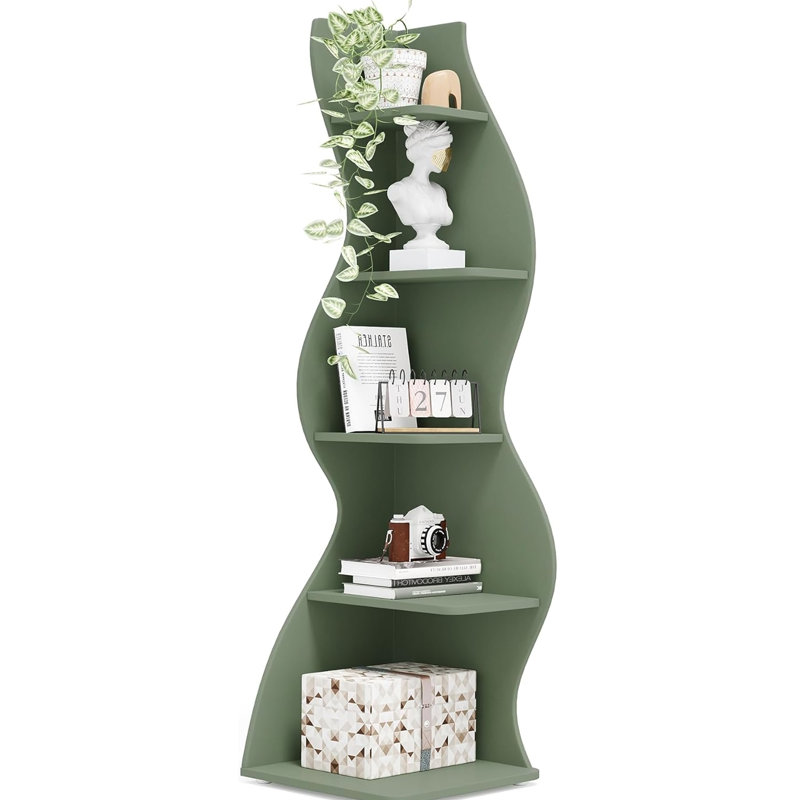 Bibliothèque d'angle à 5 niveaux avec rangement robuste pour livres et décor dans des espaces compacts., Sage Green