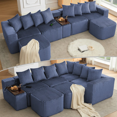 137.5" U Shaped  Sofa , USB & Wireless Charge, Coffee Table Board With A Cup Holder