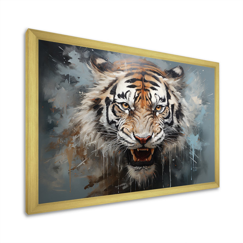 Tigre noir minimaliste - art mural de tigre pour le salon, H 16 po x l 32 po x P 1 po, Cadre doré simple