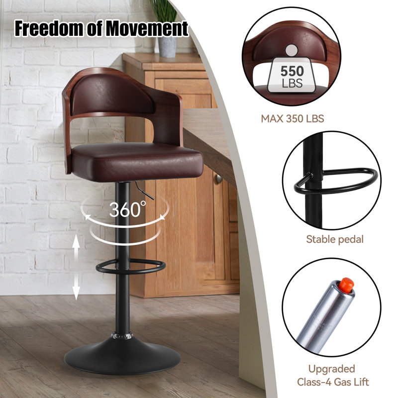 Modern Brown Microsuede Upholstered Metal Frame Swivel and Height Adjustable Bar Stools Set of 2, Brown