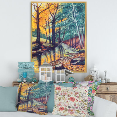 «Landscape With River In Autumn Forest Sunset», reproduction sur toile flottante