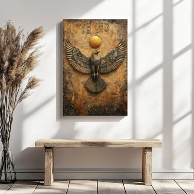 1Pc Framed Canvas Poster Print Egyptian Falcon, Sun Disc, Ancient Egyptian Relief Art Style Wall Art Wall Pediments, Wall Decor, Perfect for Room Decor Living Room Bedroom Office Kitchen Bathroom Home Decor, Rustic & Modern Ideal Home Wall Decoration