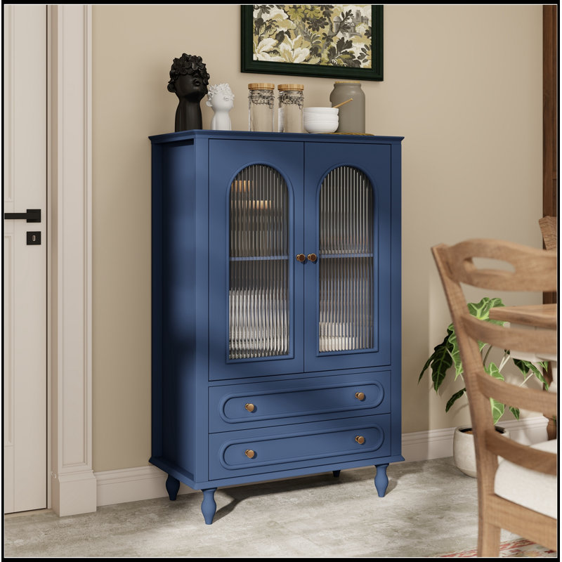 Display Cabinet with Ribbed Glass Doors, 2 Drawers and Adjustable Shelf, Blue