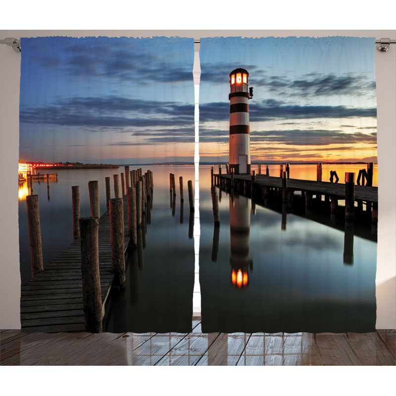 Calm Dusk at Bay Lighthouse and Wooden Boardwalk Reflections on Water Clouds Room Darkening Curtains, Width 245 x Drop 280cm