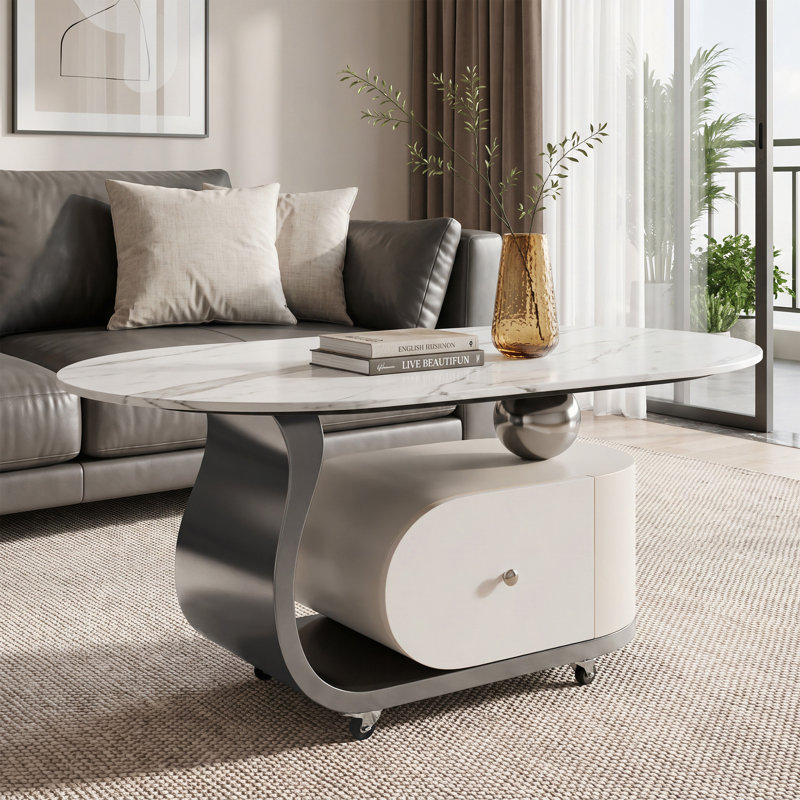 Table de bout en pierre frittée avec tiroir, base en acier inoxydable et roulettes verrouillables, table basse ovale mobile moderne pour le salon, assemblage facile