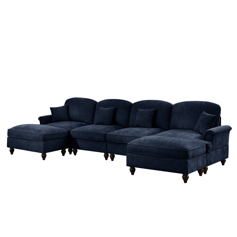 Canapé modulaire classique en U modulaire à 4 places avec accoudoirs évasés et volants amovibles, jupes plissées et pieds fuselés, canapé en nuage à assise profonde en chenille avec repose-pieds mobile