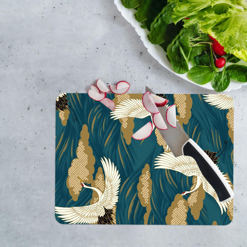 Abstrait japonais avec grue, oiseaux, conception, plateau de service en verre, parfait pour un décor moderne et un cadeau de pendaison de crémaillère idéal
