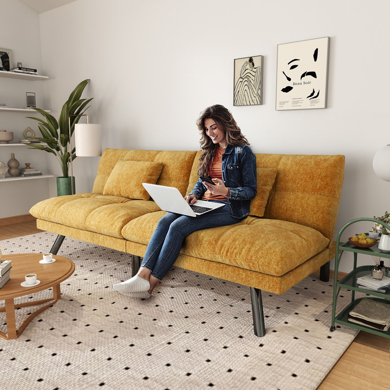 Canapé-lit futon convertible en bois massif 70 pouces pour salon, tissu chenille, 2 coussins, Orange