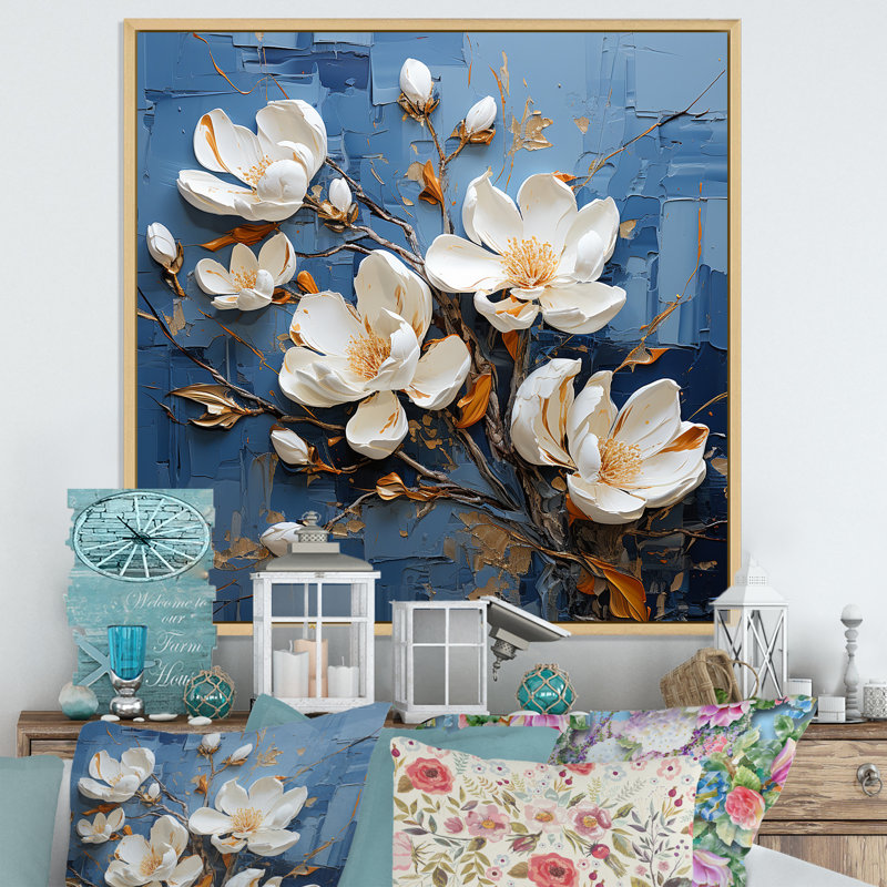 Magnolia bleu et blanc en fleurs, Cadre naturel flottant, H 30 po x l 30 po x P 1 po