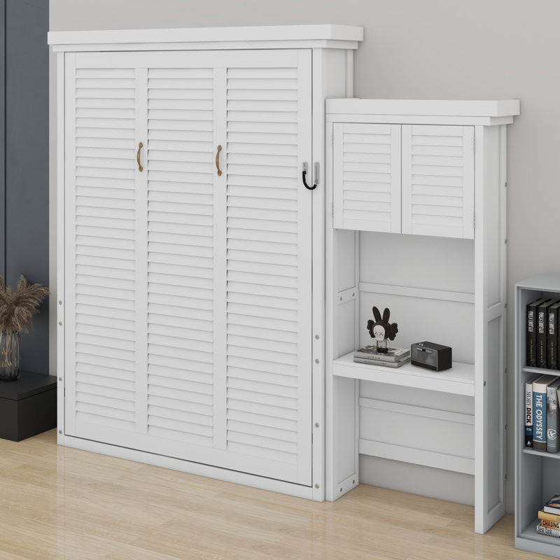 Structure de lit escamotable moderne avec décoration à persiennes et tablettes de rangement intégrées, White