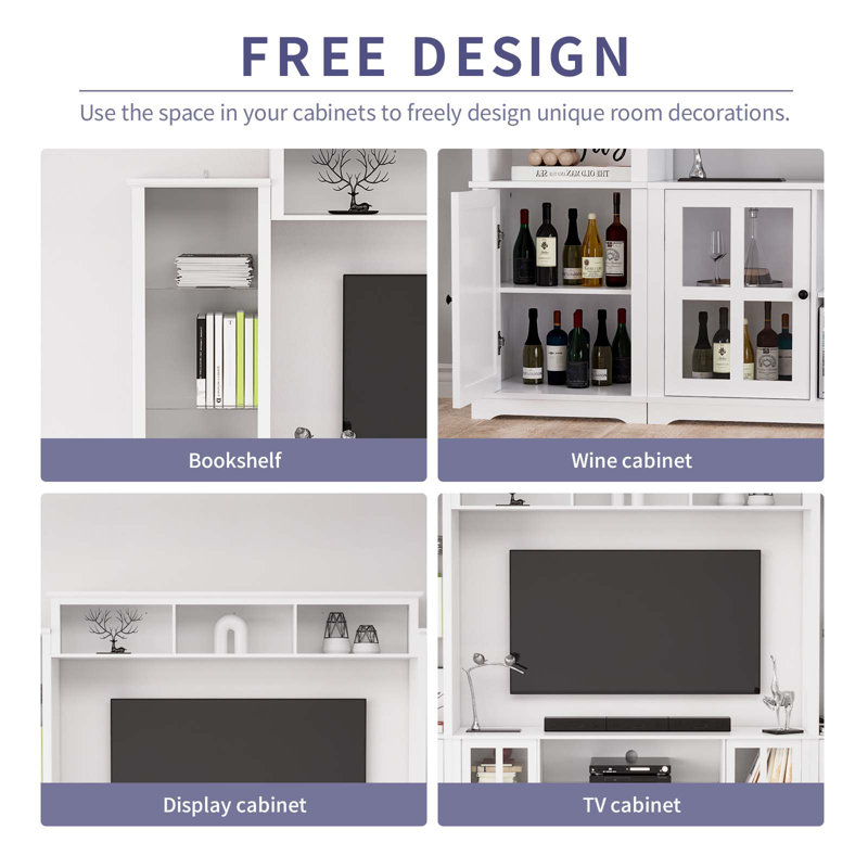 White Large Particleboard 4 Piece Wall Unit TV Stand with Bookshelf