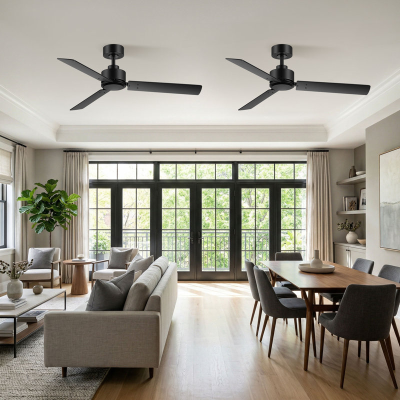 Ensemble de 2 ventilateurs de plafond de 48 po avec télécommande, ventilateur de plafond moderne à 3 pales, moteur à courant continu réversible silencieux, ventilateur à fixation par tige à 6 vitesses, finition noire