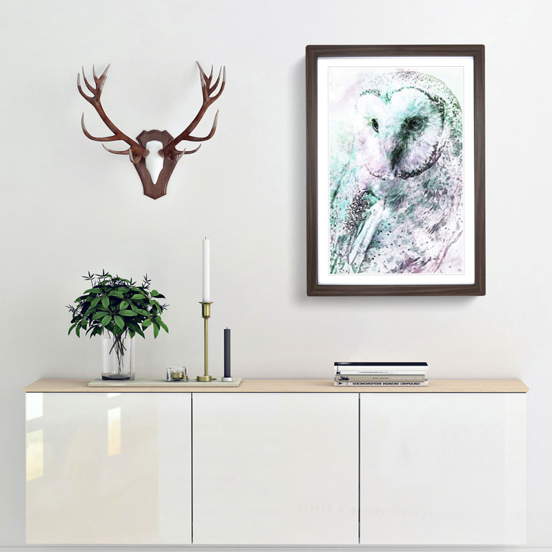 Barn Owl Abstract Art - Picture Frame Painting Print, 87cm H x 62cm W x 2cm D, Walnut Framed