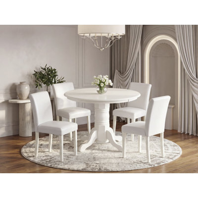 5 Piece Dining Set Includes a Round Kitchen Table with Pedestal and 4 White Faux Leather Parsons Dining Chairs, 42x42 Inch, Linen White