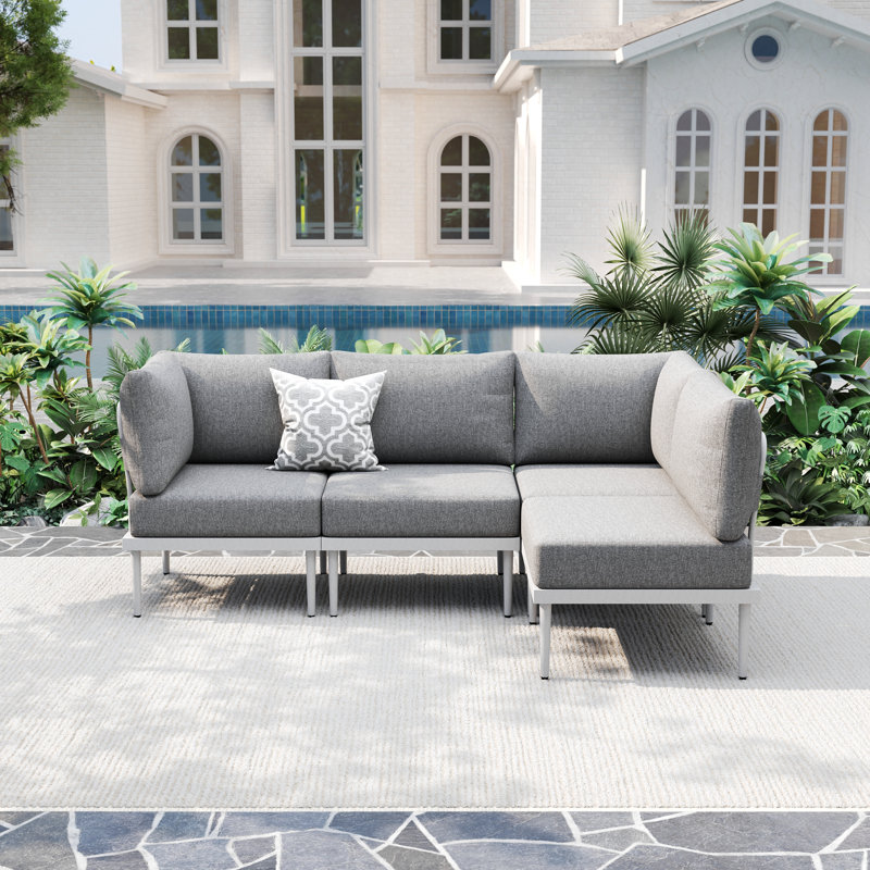 4 Pieces Patio Furniture Set, Metal Sectional Sofa Patio Conversation Set With 6 Inch Cushions, White