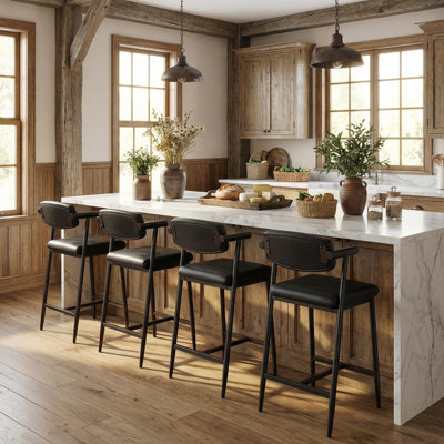 26" Set of 6 Counter Height Bar Stools with Arms, Upholstered Wider Seat & Footrest, Retro Black