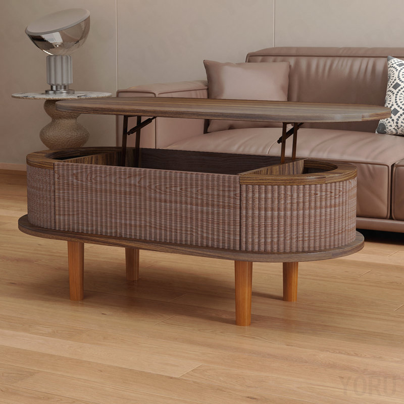 Table basse cannelée à plateau relevable - Compartiment caché, ovale - Noyer
