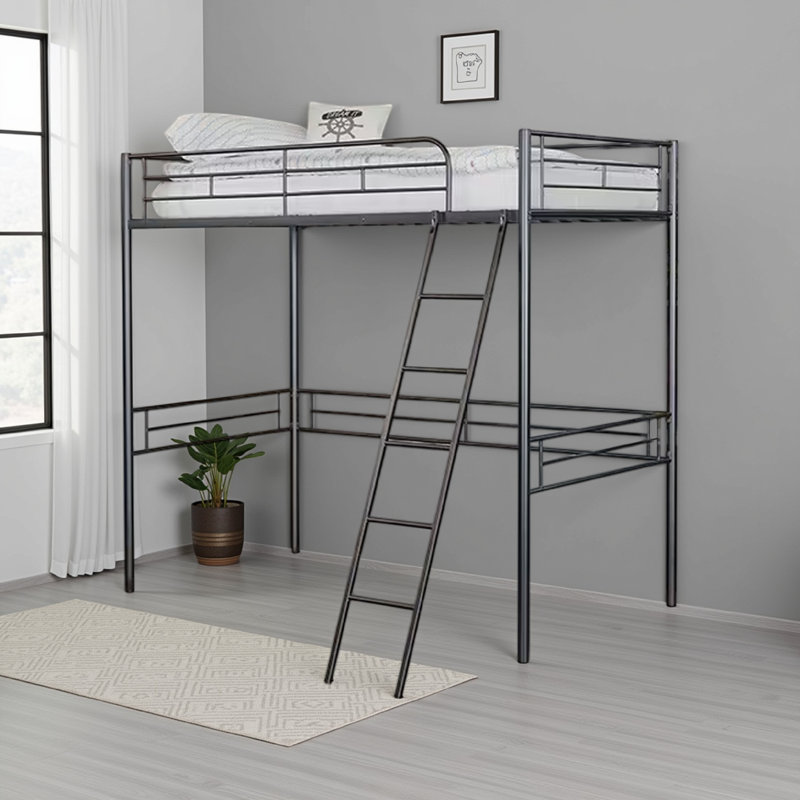 Lit mezzanine simple Mylz, structure en métal avec échelle inclinée attachée, Noir