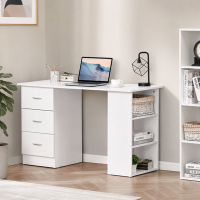 HOMCOM 47" Modern Home Office Computer Desk Bookcase Combo Writing Table Workstation with 3 Drawer and Storage Shelf - White