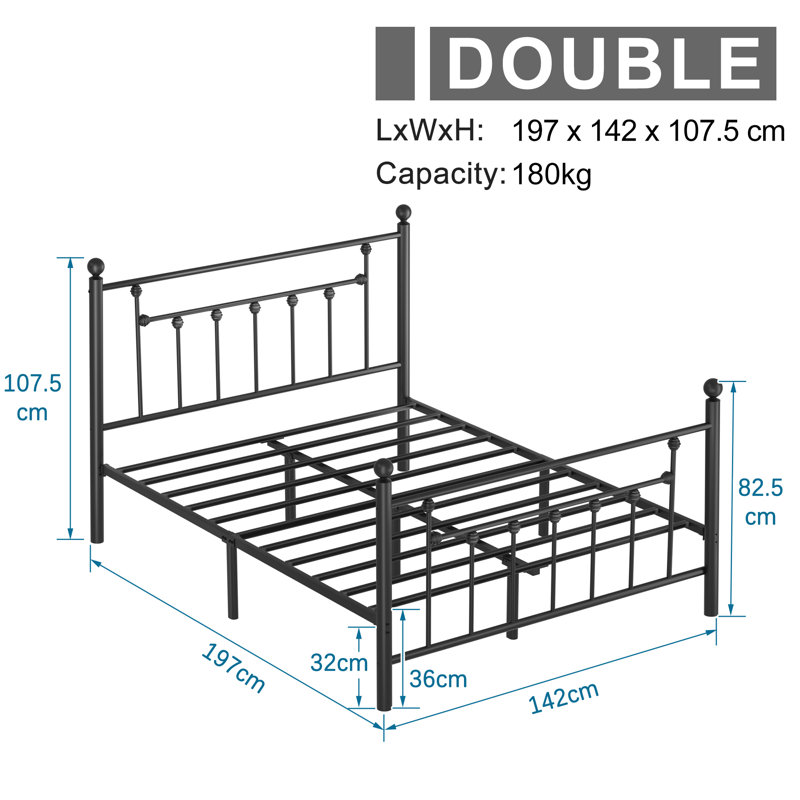 YT Metal Bed Frame w/Headboard and Footboard Platform Bed Frame Single Double Size, Double (4'6), Black