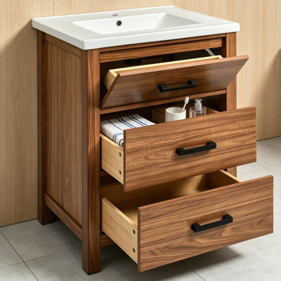 Meuble-lavabo autoportant de 24 po avec lavabo en céramique, armoire de rangement à grain de bois rétro avec 3 tiroirs pour les petites salles de bain
