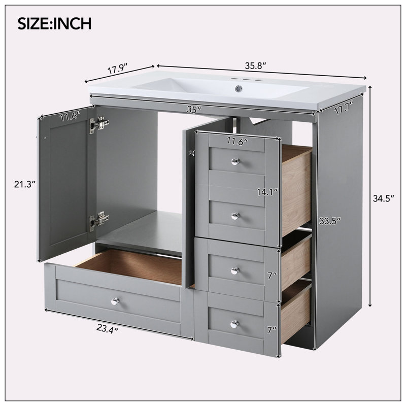 Meuble-lavabo sur pieds 36 po style Shaker, Gris